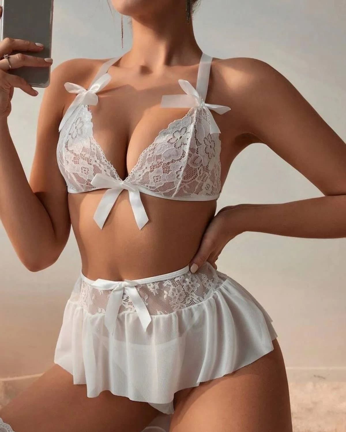 Tegan Fantazi Beyaz Dantelli Fiyonklu Seksi Babydol MHS639239 - 2