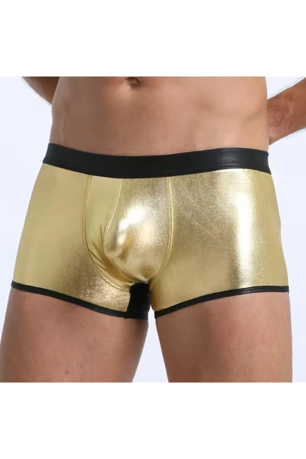 Tegan Fantezi Deri Görünümlü Seksi  Altın Erkek Boxer  - Fantezi Tanga MHS634604