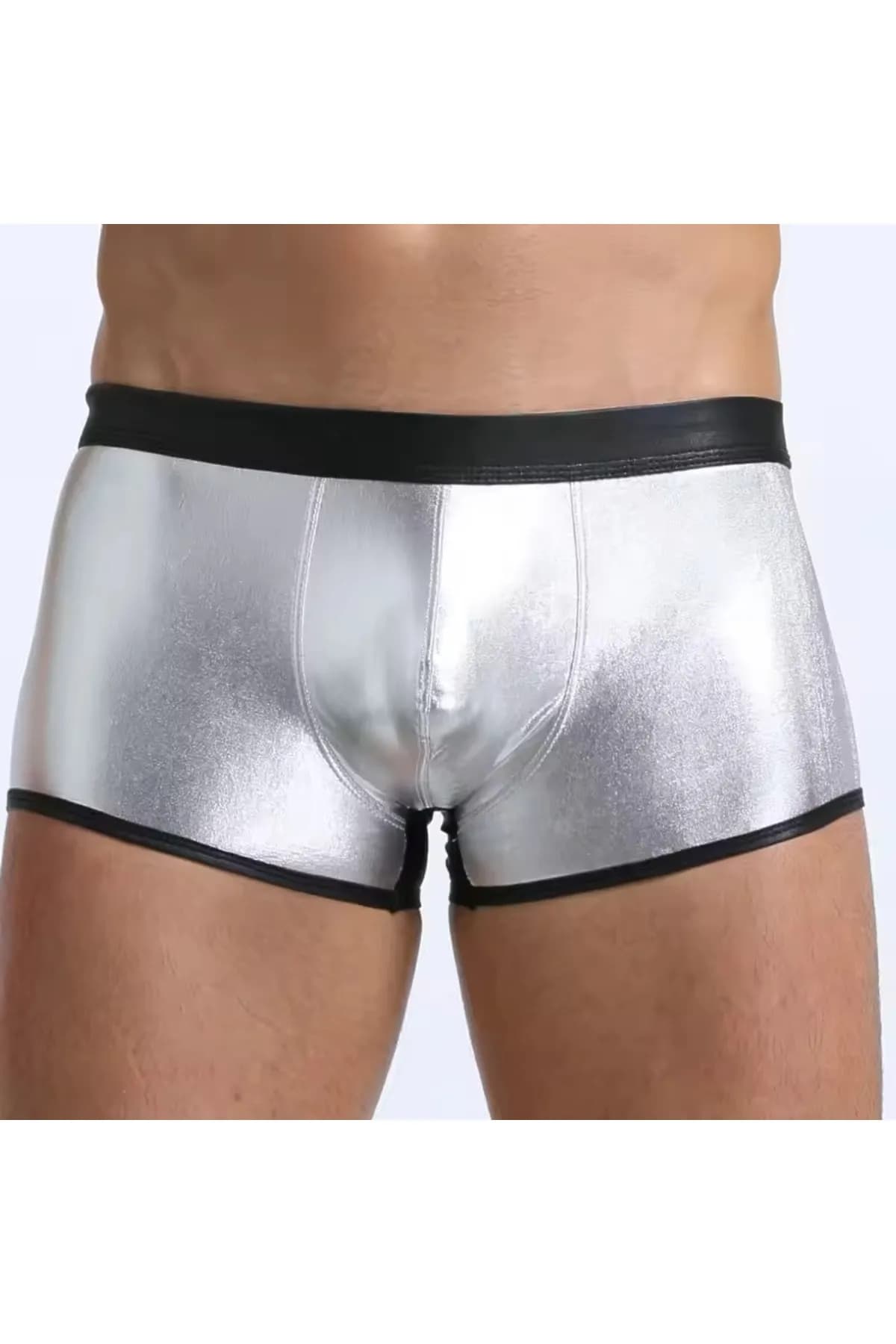 Tegan Fantezi Deri Görünümlü Gümüş Erkek Boxer  Tanga MHS634607