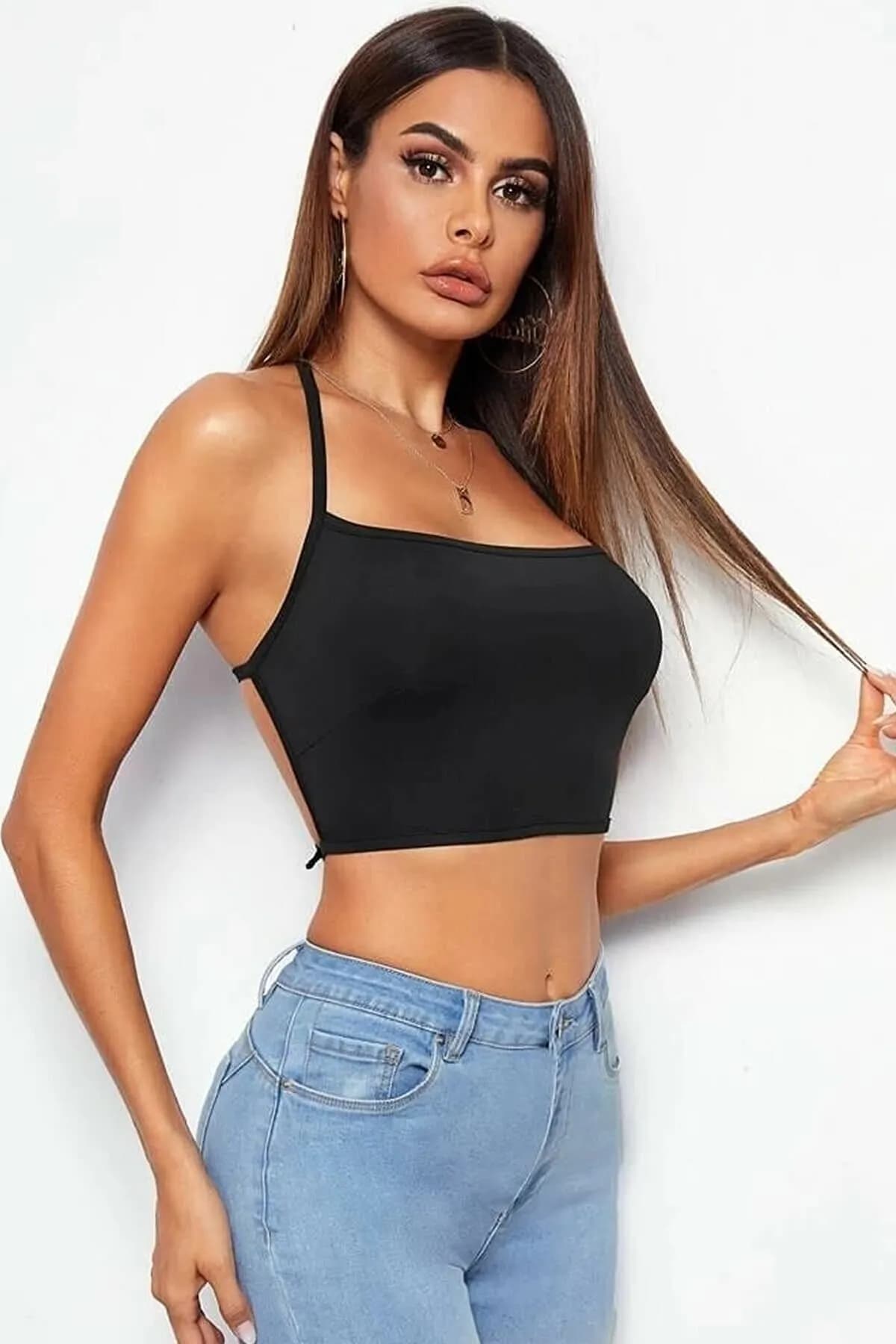Tegan Kadın Sırtı Açık Siyah Belden Bağlamalı Crop Büstiyer MHS635441 - Görsel 1