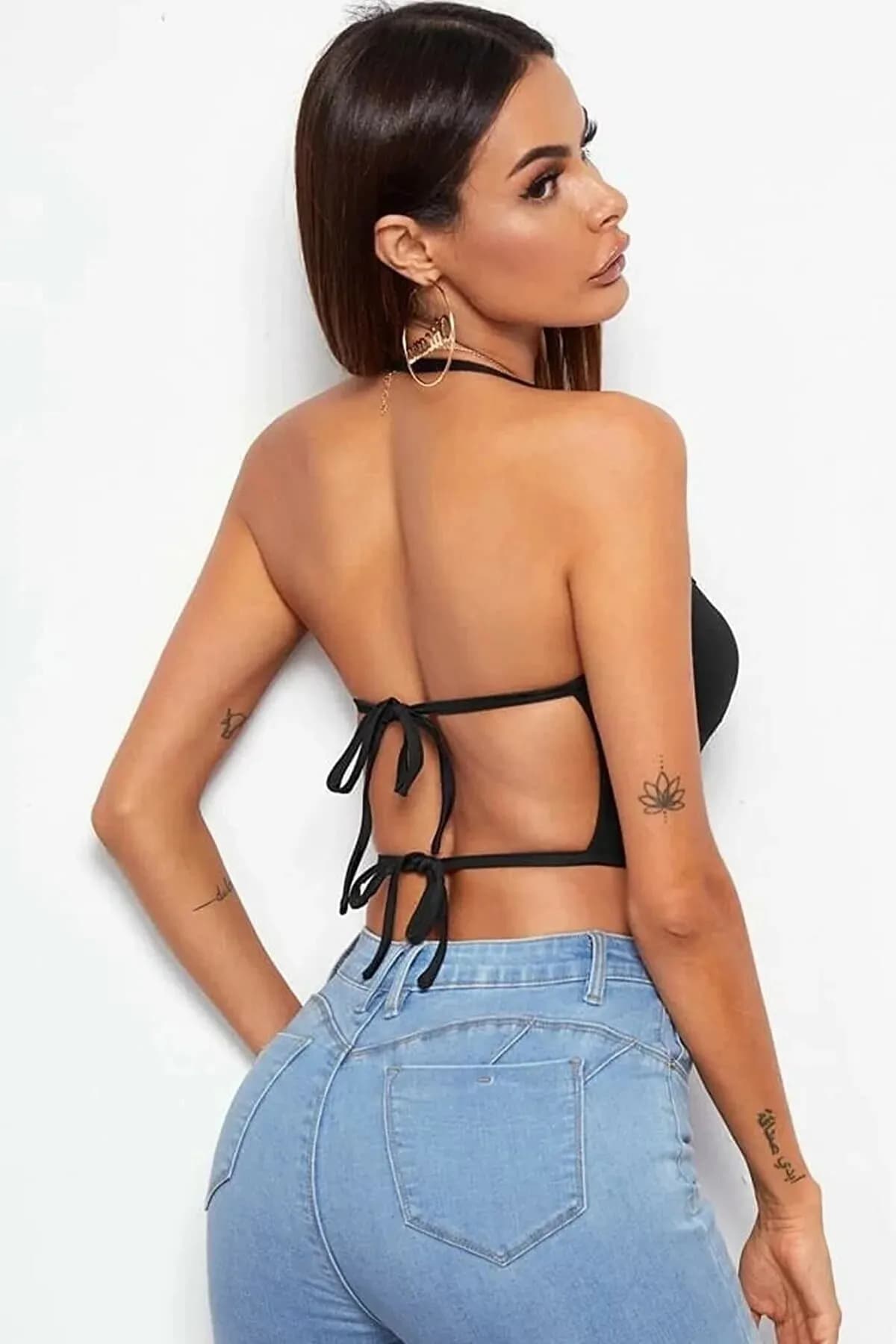 Tegan Kadın Sırtı Açık Siyah Belden Bağlamalı Crop Büstiyer MHS635441 - 2