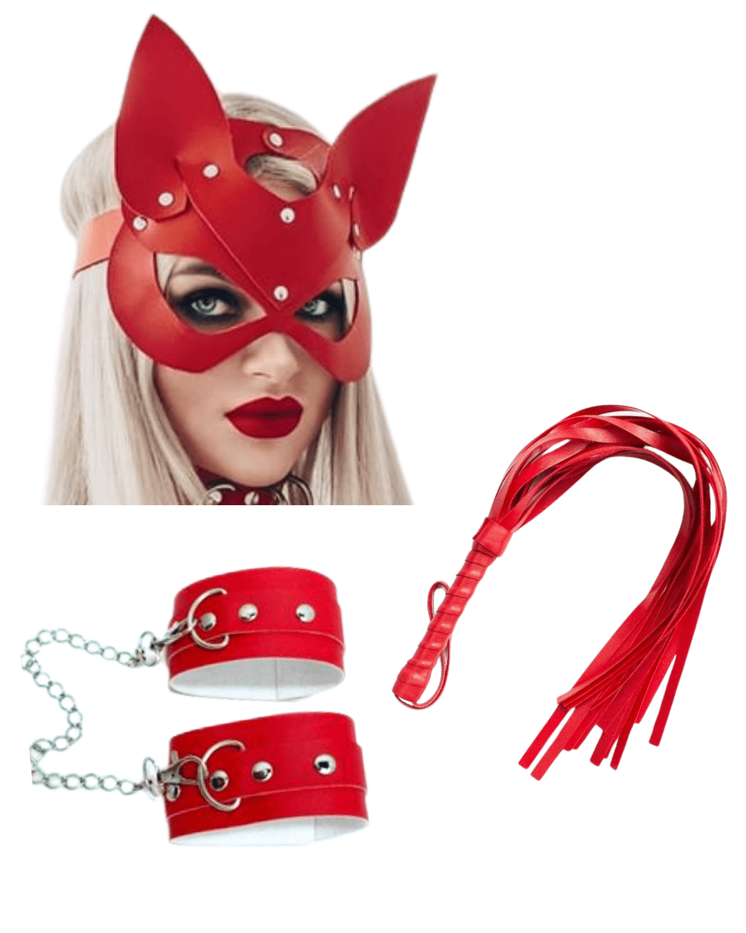 Tegan Fantezi Deri Seksi Kırmızı Kedi Maske Kelepçe Kırbaç Seti ( 3'lü set) MHS635367