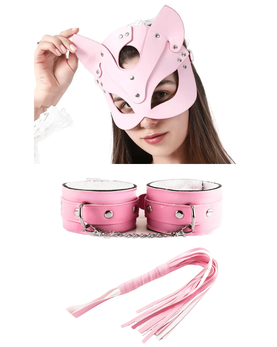Tegan Fantezi Deri Seksi Pembe Kedi Maske Kelepçe Kırbaç Seti ( 3'lü set) MHS635368