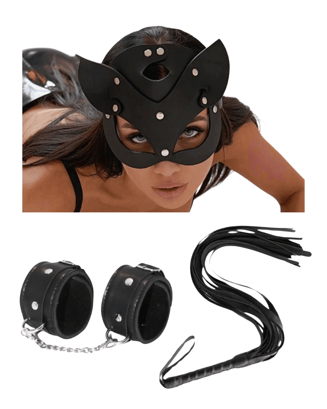 Tegan Fantezi Deri Seksi Siyah Kedi Maske Kelepçe Kırbaç Seti ( 3'lü set) MHS635369