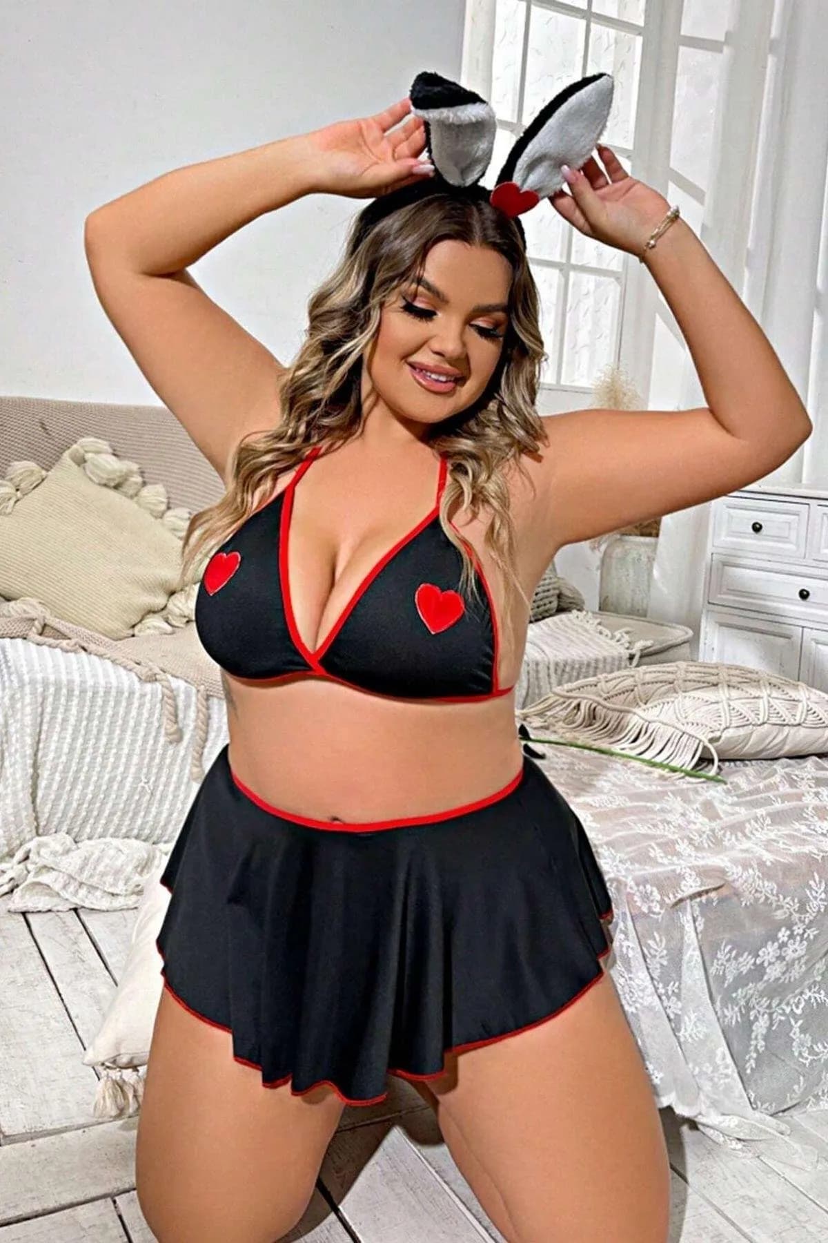 Tegan Büyük Beden Fantazi Kalpli Mini Etekli  Babydol Gecelik MHS639234-B - Görsel 1