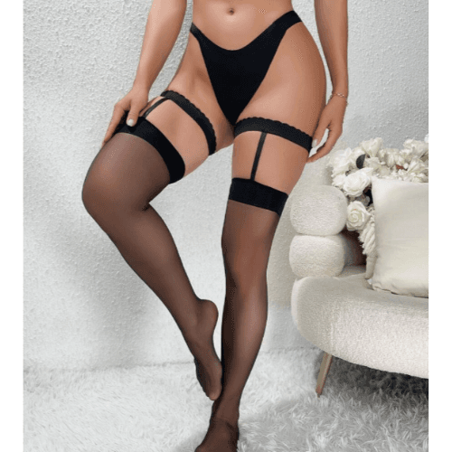 Tegan Fantezi Kadın Siyah Dantel Bacak Bantlı String Jartiyer Çorap Takımı MHS630046