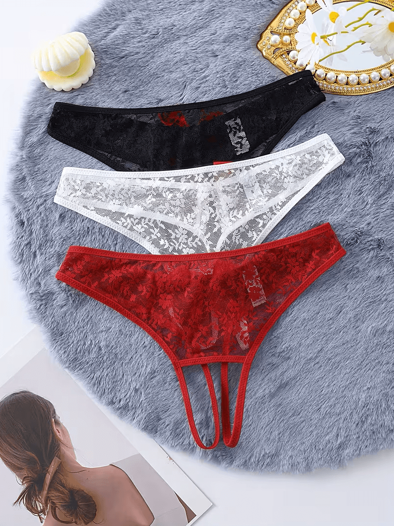 Tegan Kadın 3'lü Seksi Ağ Bölgesi Açık Dantelli Tanga Seti MHS630055 - Görsel 1