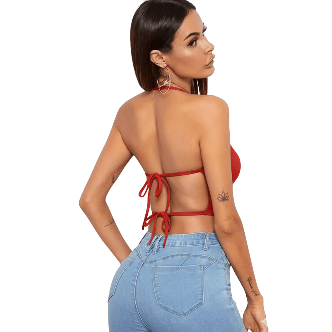 Tegan Kadın Sırtı Açık Kırmızı Belden Bağlamalı Crop Büstiyer MHS635441-K - 3