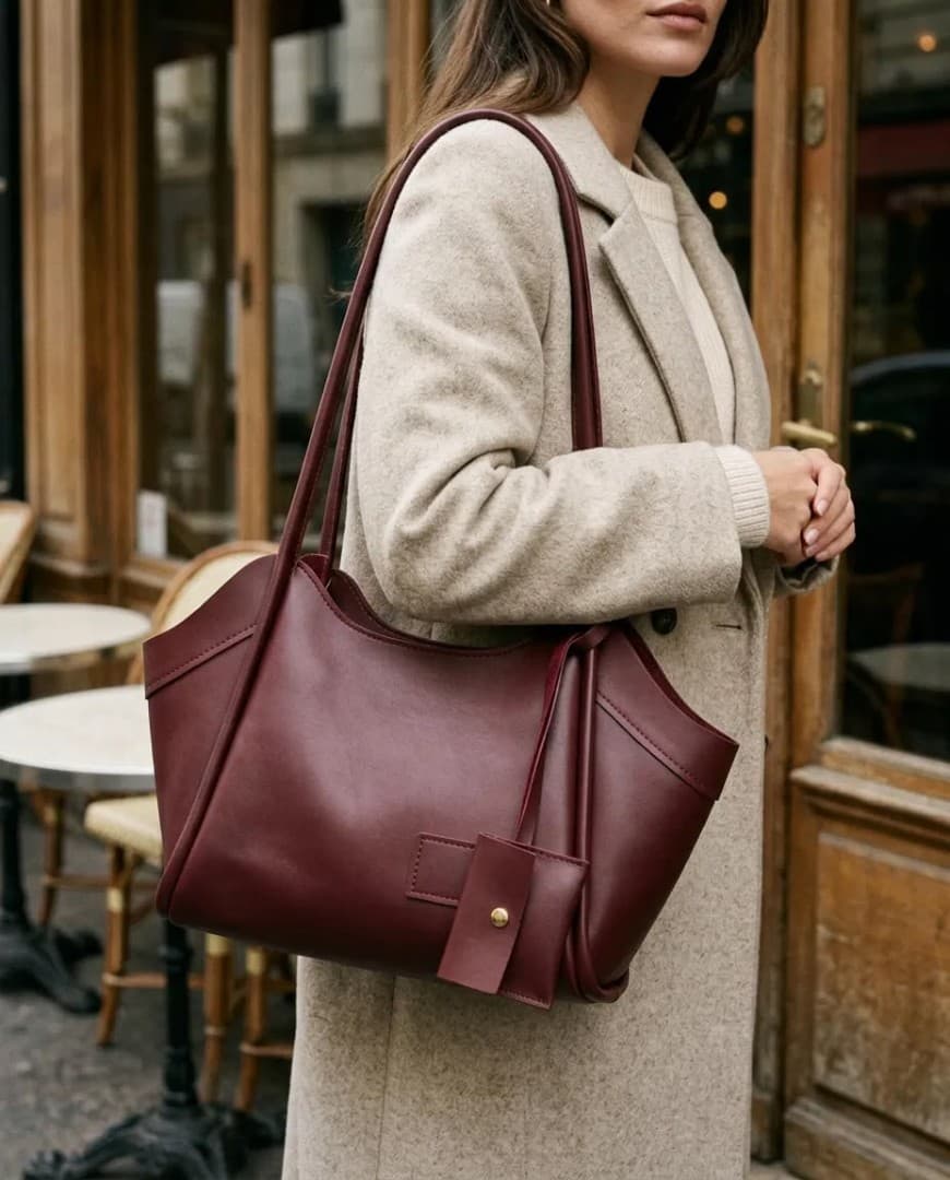 Bordo Gold Aksesuarlı Omuz Çantası Kadın Günlük Şık El ve Omuz Çantası 30x21 cm - Görsel 1