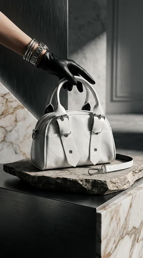 Mini Beyaz Parlak Deri Görünümlü El ve Çapraz Askılı Kadın Çanta - Görsel 1