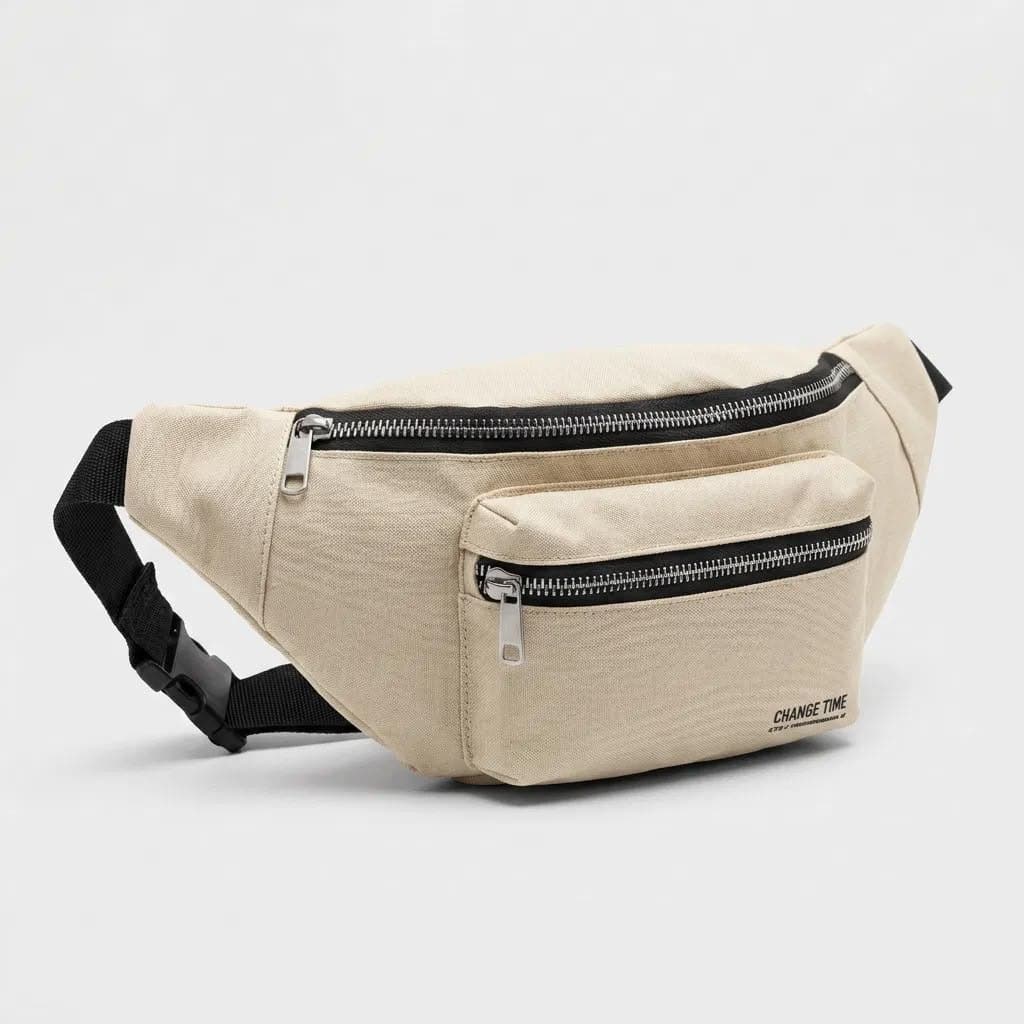 Krem Unisex Bel Çantası Çapraz Askılı Günlük Kullanım Fermuarlı 30x13 cm - Görsel 1