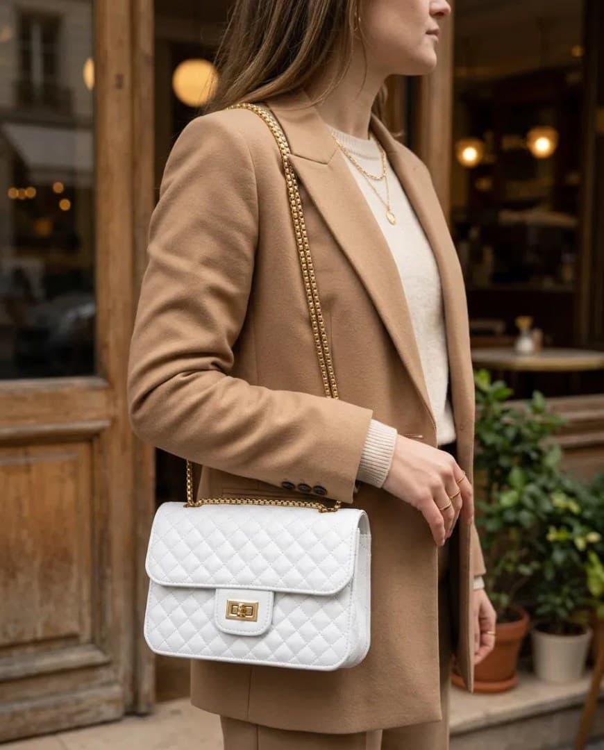 Beyaz Kapitone Suni Deri Gold Zincirli Omuz Çanta 23×16 cm - Görsel 1