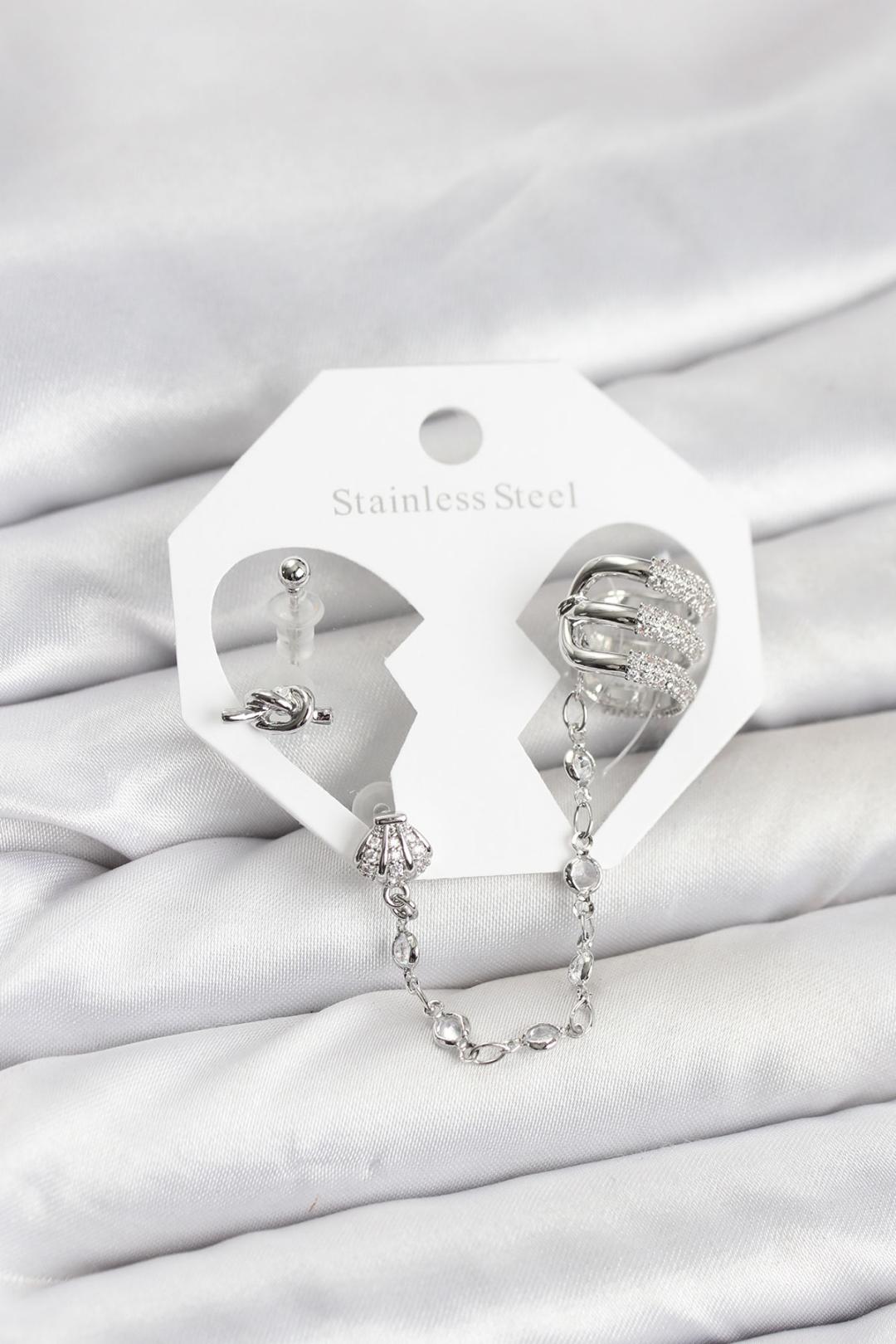 Pirinç Gümüş Renk Sarmal Model Zincir Bağlantılı Ear Cuff Küpe Seti